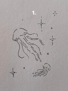 an ink drawing of a jellyfish with stars in the background