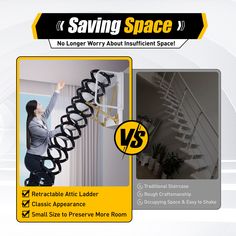 a woman climbing up the side of a set of stairs with an ad for saving space