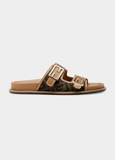 Luxury Flat Slides With Buckle Closure, Designer Brown Flat Slides, Designer Flat Slides With Buckle Closure, Luxury Flat Sandals With Tang Buckle, Designer Flat Sandals With Buckle Closure, Luxury Flat Sandals With Buckle Closure, Luxury Cushioned Slides Flat, Luxury Flat Slides With Cushioned Footbed, Luxury Cushioned Flat Slides