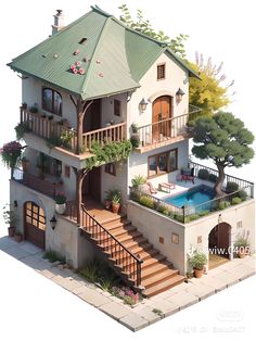 an architectural rendering of a house with a pool in the yard and stairs leading up to it