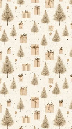 christmas wrapping paper with presents and trees on the side, all wrapped in brown ribbon