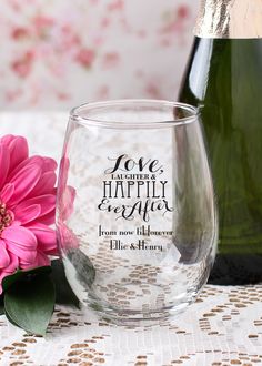 Send your wedding guests home with a personalized 9 oz. stemless wineglass! Cheers to love laughter and happily ever after! Wine Glass Favors, Star Sprinkles, Covered Oreos, Glass Wedding, Drink Ware, Stemless Wine Glasses, Snack Bags, Gold Ribbon, Personalized Wine