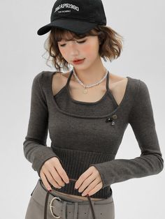 ❤︎Halter neck ribbon faux two-piece slim knit top❤︎ Neck Ribbon, Spring 2024, Halter Neck, New Design, Knit Top, Sense, Sweaters For Women, Two Piece, Ribbon