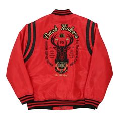 a red jacket with black stripes and an image of a deer on it