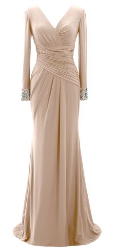 With a standout mermaid silhouette and asymmetric ruching, this floor-length maxi evening dress has a sleek look ideal for any formal venue. Smooth fabric skims the body from the V neckline to the knees and softly flows to the floor. Long sleeves grace the arms to give the design an extra trendy touch, featuring glittering pattered beading. It is a remarkable choice for galas, military balls, and weddings. Silhouette: Mermaid/Trumpet Neckline: V-neck Waist: Natural Hemline/Train: Floor-Length Sl Mother Of Bride Dresses Long, Bride Dresses Long Sleeve, Mother Of Bride Dresses, Gown Fashion, Dresses Green, Mother Of Bride, Short Homecoming Dress, فستان سهرة, Women's Evening Dresses