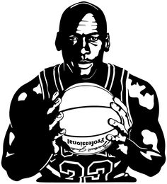 a black and white drawing of a basketball player holding a ball