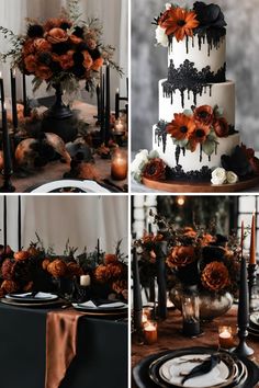 a collage of photos showing different types of wedding cake with flowers on top and candles in the middle