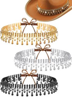 PRICES MAY VARY. What You Get: you will get 3 hat bands, divided into 3 colors; Sufficient quantities and different colors can meet your daily replacement and matching needs, and you can also share them with your family and partners Reliable Material: our hat band is made of rhinestones, which has a shiny luster; This rhinestone hat band enhances the overall aesthetic feeling of the clothing; Its shiny artificial and western style make for a truly striking cap accessory that attention, making yo Fringe Cowboy Hat, Cowboy Hat Band, Rhinestone Hat, Cowboy Hat Bands, Hat Bands, Types Of Hats, Rhinestone Fringe, Western Accessories, Hat Accessories