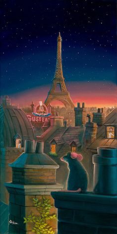 a painting of the eiffel tower in paris at night with a cat looking out over the rooftops