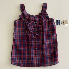 Ralph Lauren Girls Top Ruffles New With Tags Color: Navy Blue/Red Checkers Size: 5 Years Old Casual Ruffled Tops For School, Blue Ruffled Tops For Playwear, Cute Ralph Lauren Summer Tops, Cute Summer Tops By Ralph Lauren, Ralph Lauren Plaid Cotton Top, Send Help, Red Checkered, Girls Top, Rayon Pants