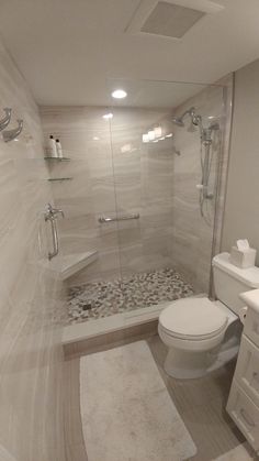 a bathroom with a walk in shower next to a toilet