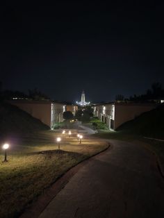 some lights that are on in the grass