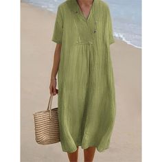 Season:Summer,Spring; Fabric:Cotton; Sleeve Length:Short Sleeve; Look After Me:Machine wash; Gender:Women's; Style:Basic,Modern; Elasticity:Inelastic; Occasion:Daily,Weekend; Fit Type:Loose Fit; Dresses Type:Cotton Summer Dress,Casual Dress; Pattern:Plain; Neckline:V Neck; Front page:FF; Listing Date:03/14/2024; Production mode:External procurement; 2024 Trends:2023; Bust:; Length:; Fit US Size:null; Fit UK Size:null; Fit EU Size:null; Dress Length Type:Midi Dress; Print Type:non-printing Buttoned Beach Dress, Non-stretch Beach Dress With Pockets, Casual Beach Season Dress With Pockets, Casual Beach Dress With Pockets, Casual Button-up Beach Season Dress, Casual Button-up Dress For Beach Season, Solid Beach Dress With Button Closure, Solid Color Cotton Beach Dress, Relaxed Fit Solid Color Summer Dresses