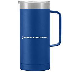 a blue mug with the words prime solutions in white lettering on it and a silver lid