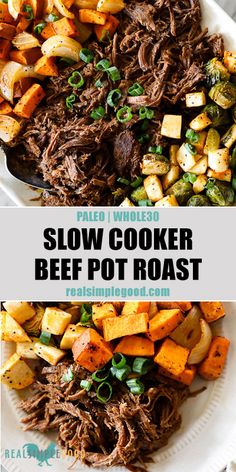 slow cooker beef pot roast with sweet potatoes and green onions on a white plate