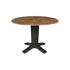 a round wooden table with four legs and a cross leg base on an isolated white background