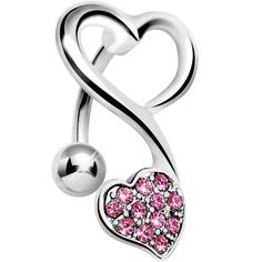 an open heart shaped belly ring with pink crystals in the center and a ball attached to it