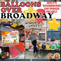 a collage of photos with balloons and other items in the background, including an image of a woman standing next to a bulletin board