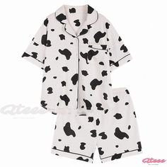 Qteee - Charming Cow Patterned Pocket Pajama Set for Leisurely Comfort Trendy White Cotton Sleepwear, Cow Pattern, Print Pajamas, Vacation Dresses, Swimwear Cover, Daily Dress, Lolita Dress, Lace Mini Dress, Blazer Dress