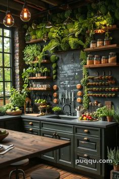 Witchy Camping, Dark Academia Kitchen, Forest Kitchen, Apothecary Decor, Kitchen Plants, Natural Flooring, Black Kitchen Cabinets