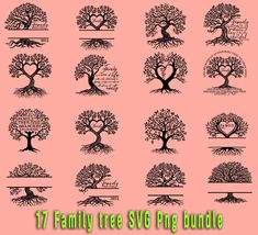 the 17 family tree svg bundle is shown in black and white on a pink background