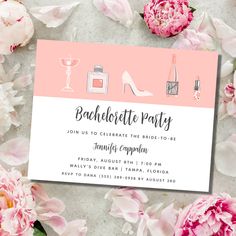 bachelor party card with pink peonies and heels on the table next to it