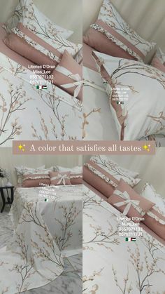 four different views of the same bedding and pillow cases, with instructions for how to use them