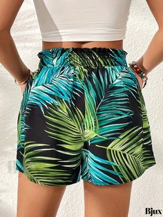 Bjux - Chic Tropical Print Shorts with Slant Pockets and Boho Paper Bag Waist, Ideal for Summer - Womens Fashion Green Printed Vacation Shorts, Casual Green Printed Bottoms, Trendy Green Shorts For Vacation, Trendy Green Vacation Shorts, Printed Green Bottoms For Vacation, Green Printed Bottoms For Vacation, Casual Green Printed Shorts, Summer Apparel, Fall Care