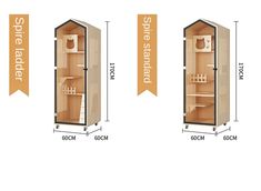 the measurements for an open and closed wooden storage cabinet are shown in three different positions