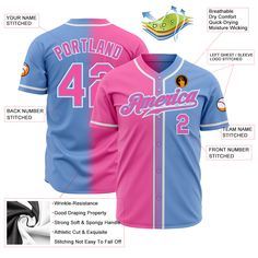 the front and back of a pink and blue baseball jersey with information about how to wear it