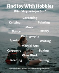 What do you do for fun??? If you don't have a hobby, here are a few ideas, and you cand read about how to start a new hobby on the Beachside Blog #hobby #hobbies #fun #passion How To Find A Hobby, Outdoor Hobbies, Hobby Ideas, Counseling Psychology, Fun Hobbies, Traditional Chinese Medicine, Youtube Tutorials, New Hobbies