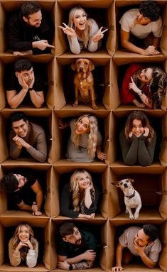 a group of people sitting in cardboard boxes with their faces painted like dogs and cats