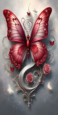 a red butterfly with swirls and roses on it's wings, flying through the air