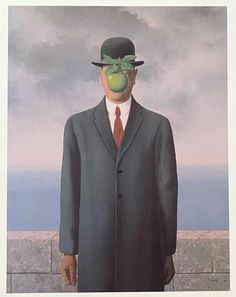 a painting of a man in a suit and tie with an apple on his face