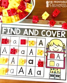 a lego themed find and cover activity for toddlers to practice letter recognition with legos