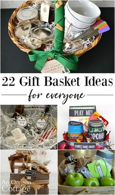 some baskets filled with different items and the words 22 gift basket ideas for everyone