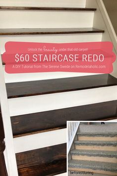 stairs with the words $ 50 staircase redo painted on them