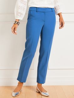 Talbots Hampshire Straight Ankle Pants. A versatile straight-leg silhouette in our all-season stretch fabric. New Invisiflex Comfort Waist Technology has an invisible elastic back waistband that adjusts to your body for the perfect, comfortable fit. Hello, legs. Also available in Talbots Hampshire Ankle Pants - Curvy Fit. Features Flat front/trouser Straight leg Hits at waist Ankle length Fly front with hook & bar closure Front slash, back welt pockets Imported Fit: Misses: 29"; Long: 31"; Petit Paisley Pants, Staple Dress, Stretch Dress Pants, Wide Leg Dress Pants, Nike Tennis Dress, Classic Style Women, Capri Blue, Pants Blue, Jumpsuit Trousers