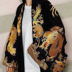 Embroidered Japanese Style Coat | Eiyo Kimono Japanese Coat, Dynasty Clothing, Embroidered Blazer, Chinese Embroidered, Embroidered Coat, Silk Coat, Gold Dragon, Dragon Print, Style Cardigan