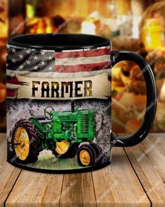 a coffee mug with an image of a tractor and the words farmer in front of it