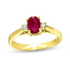 Achieve an elegant look with this oval-shaped red ruby and diamond collar ring in yellow gold, a beautiful choice for day or night. Fashioned in 14K gold The 6.0 x 4.0mm oval-shaped bright red ruby glistens between a pair of shimmering round diamonds. This style sparkles with 1/20 ct. t.w. of diamonds. Classic Oval Lab-created Ruby Diamond Ring, Oval Diamond Ring With Lab-created Ruby Accents, Oval Ruby Birthstone Ring With Diamond Accents, Oval Ruby Ring With Diamonds In Gold, 14k Gold Ruby Ring With Brilliant Cut Oval Shape, Oval Brilliant Cut Ruby Ring In 14k Gold, Classic Yellow Gold Ruby Ring With Diamond Accents, Yellow Gold Ruby Ring With Diamond Accents, Gold Oval Ruby Ring With Brilliant Cut