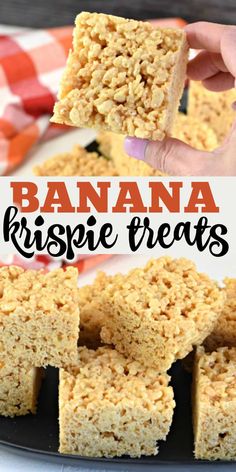 banana krispie treats stacked on top of each other with the words, bananas krispie treats