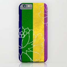 a phone case with flowers painted on the front and back cover in yellow, green, purple, and white