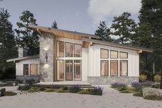 this is an artist's rendering of a modern house in the woods with stone and wood accents