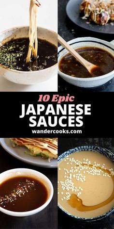 japanese sauces with chopsticks sticking out of them and in bowls on the table