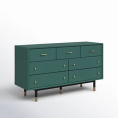 a green dresser with brass handles and drawers on it's legs, against a white background