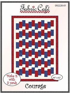 a red, white and blue quilt with the words fabric cafe on it's side