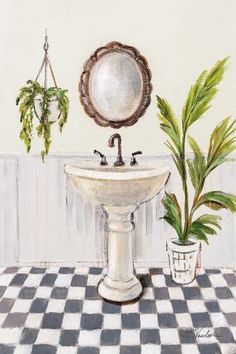 a painting of a sink and mirror in a room with black and white checkered flooring