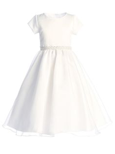 First Communion Dress - Girls White Short Sleeve Crystal Organza Plus Size Communion Dress 10.5-16.5 - SophiasStyle.com Short Sleeve Dress With Fitted Bodice For Confirmation, Elegant First Communion Dress With Fitted Bodice, Elegant First Communion Dress With Short Sleeves, Elegant Short Sleeve First Communion Dress With Fitted Bodice, Fitted Short Sleeve First Communion Dress, White Satin Confirmation Dress, Fitted First Communion Dress With Short Sleeves, Organza First Communion Dress For Spring, Spring Organza First Communion Dress