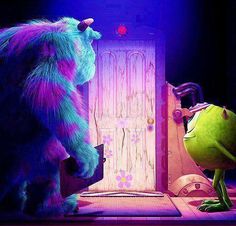 the monsters are looking at each other in front of an open door with lights on